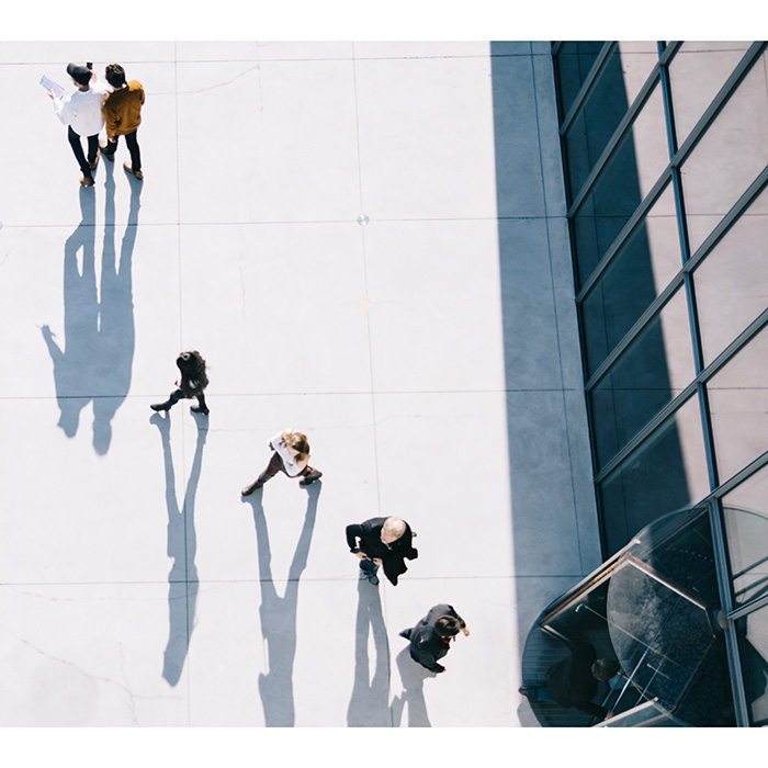 photograph of figures from a high vantage point with shadows of figures