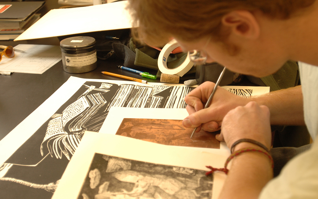 printmaking student working on prints