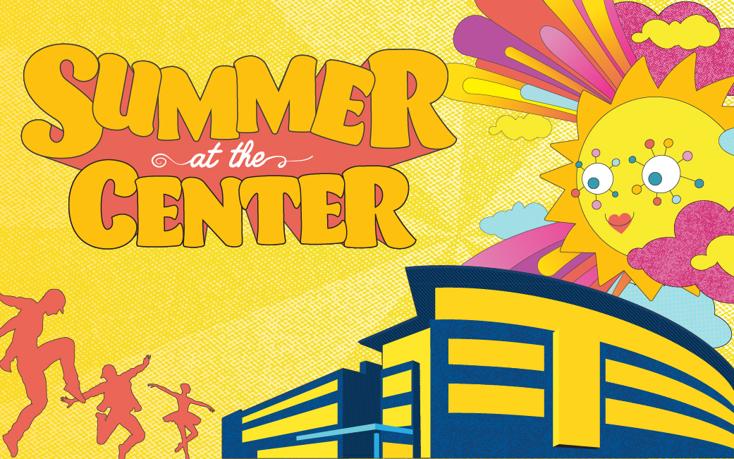 Fun and summery, the yellow and blue Summer at the Center logo floats in the sky in front of a cartoon sun