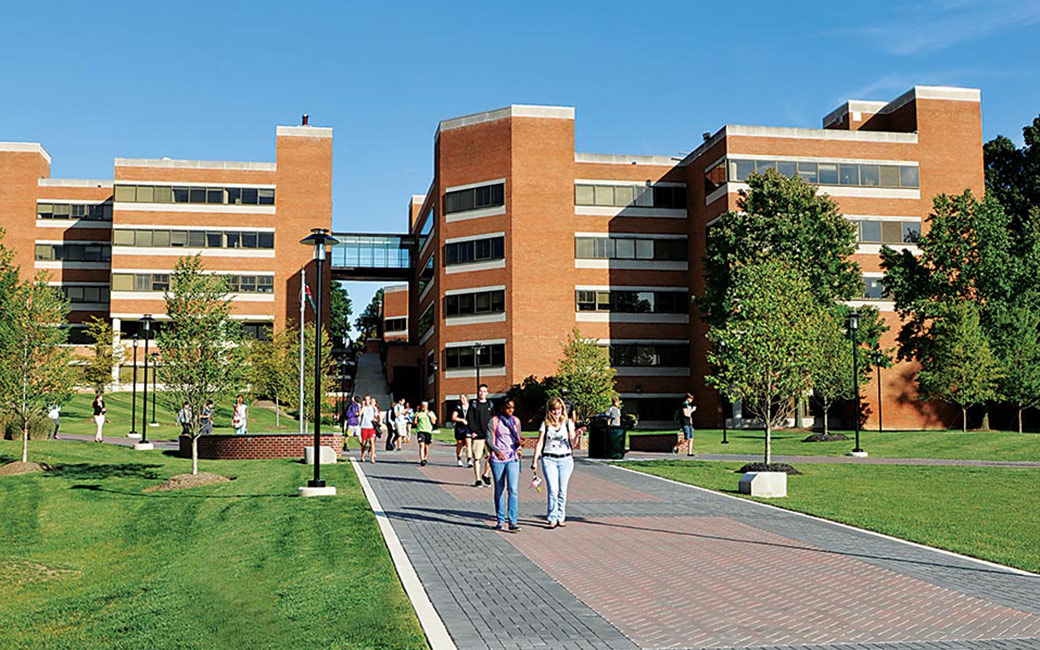 Hawkins Hall and students walking