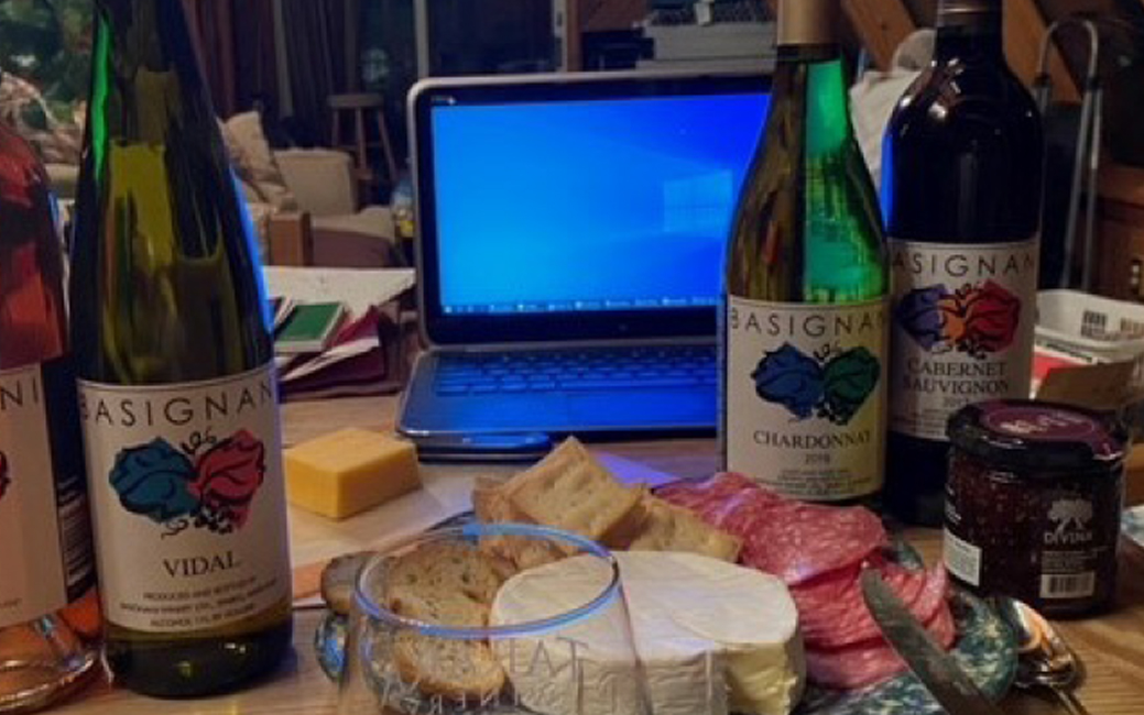 wine bottles, laptop, food containers