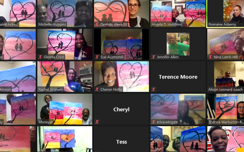 screenshot of a zoom meeting's participants, holding artwork