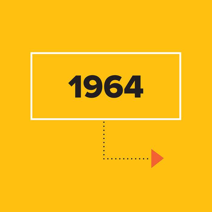 1964 in black on yellow background inside white box with arrow