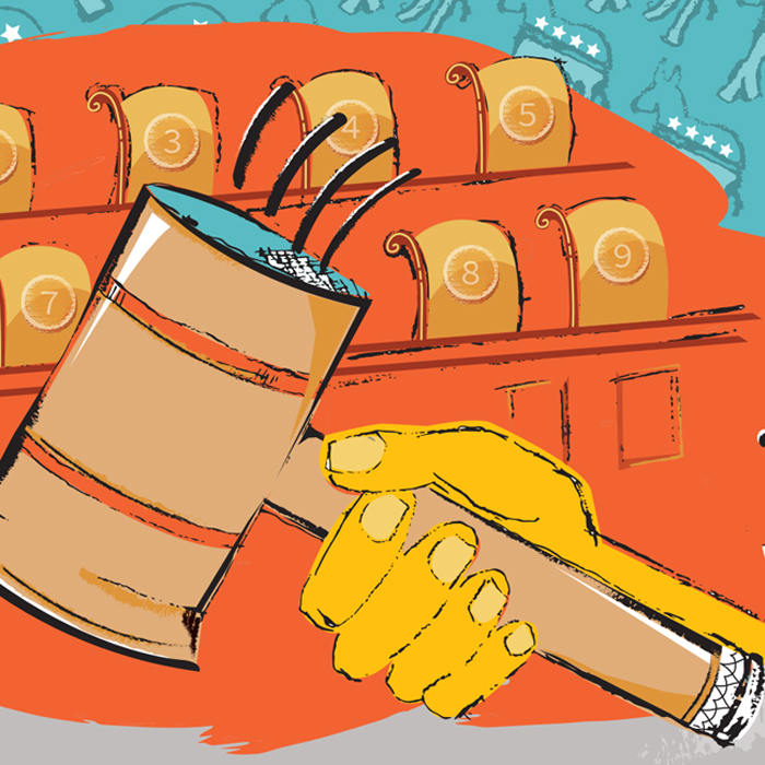 illustration of a gavel in front of nine seats