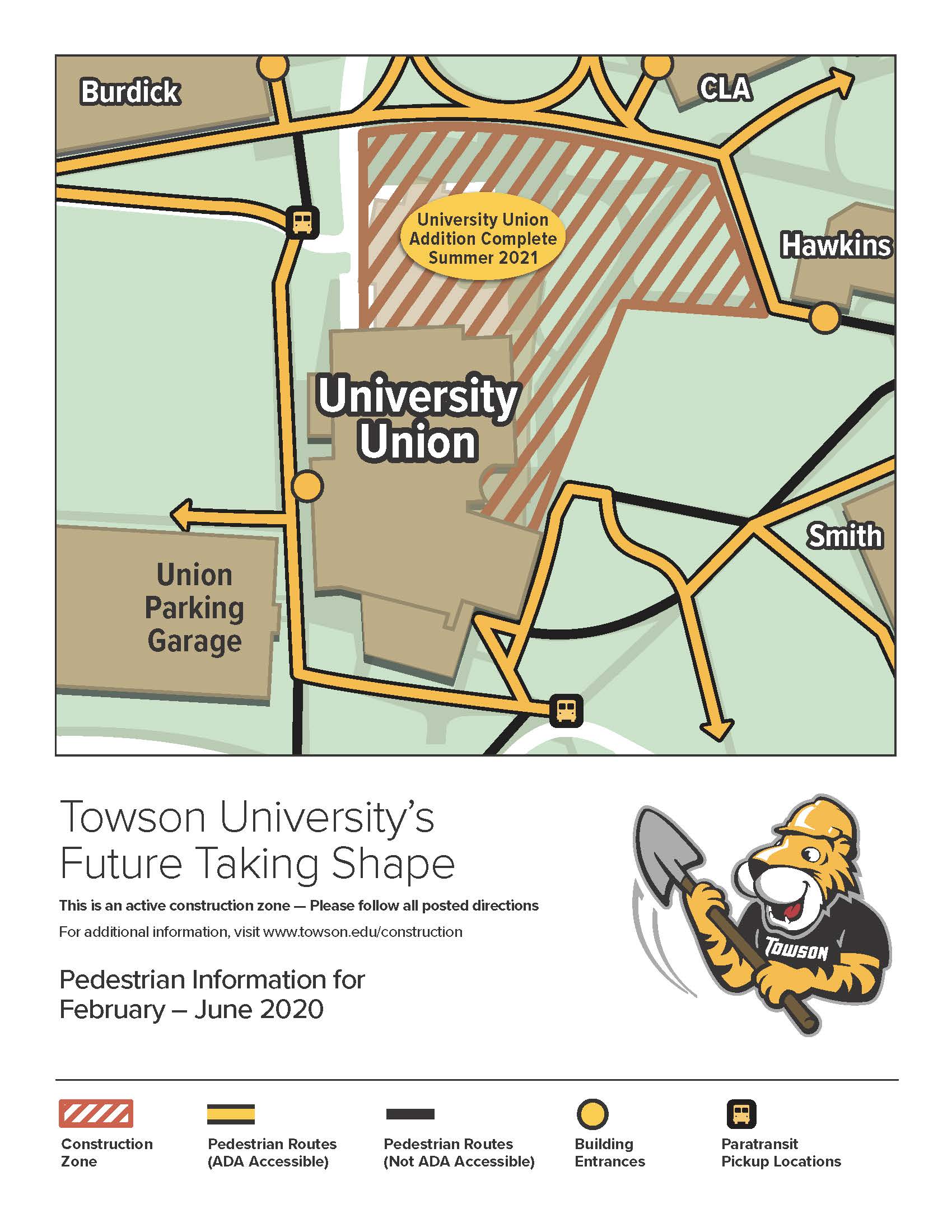 Construction map for Towson University pedestrians
