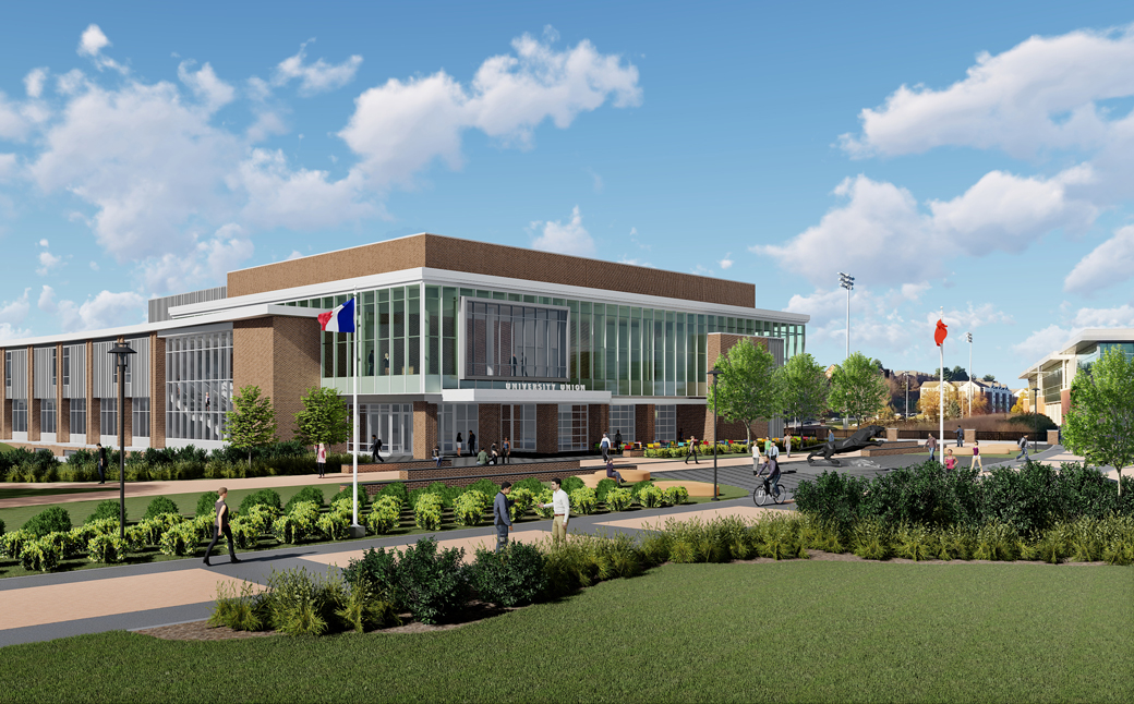 The University Union, at the center of Towson University's campus, will undergo a 85,000-square foot addition and renovation starting this fall. This render shows the new north plaza at the front of the building, which will connect the Union to Tiger Way and the open space between Burdick Hall and the College of Liberal Arts.