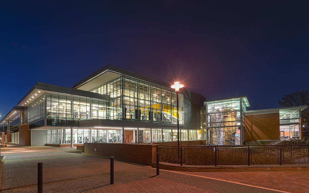 Burdick Hall exterior at night