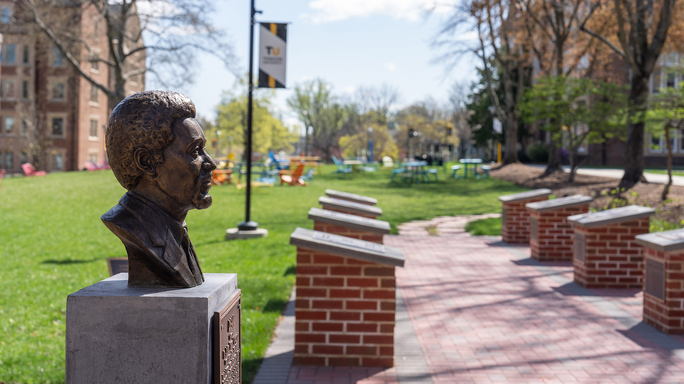 A bust of Julius Chapman in the Chapman Quad, dedicated in 2021.
