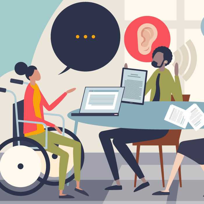 Illustration of two people talking at a table