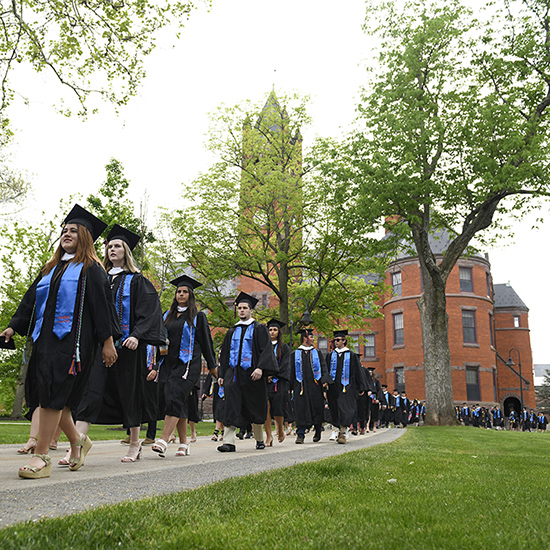 Commencement at Gettysburg College with Glatfelter Hall in the background