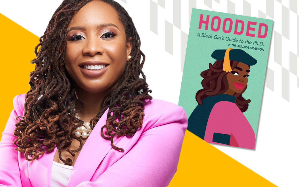 Malika Grayson headshot over designed backround and cover of her book "Hooded"