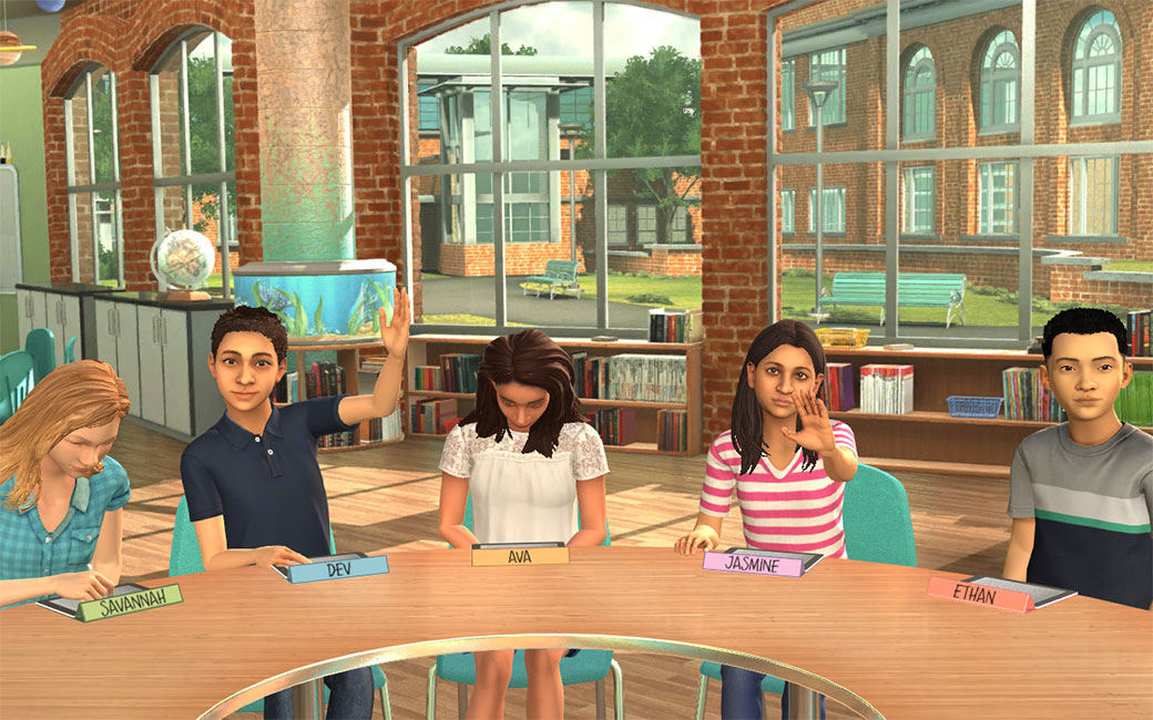 Screenshot of five student avatars in virtual classroom