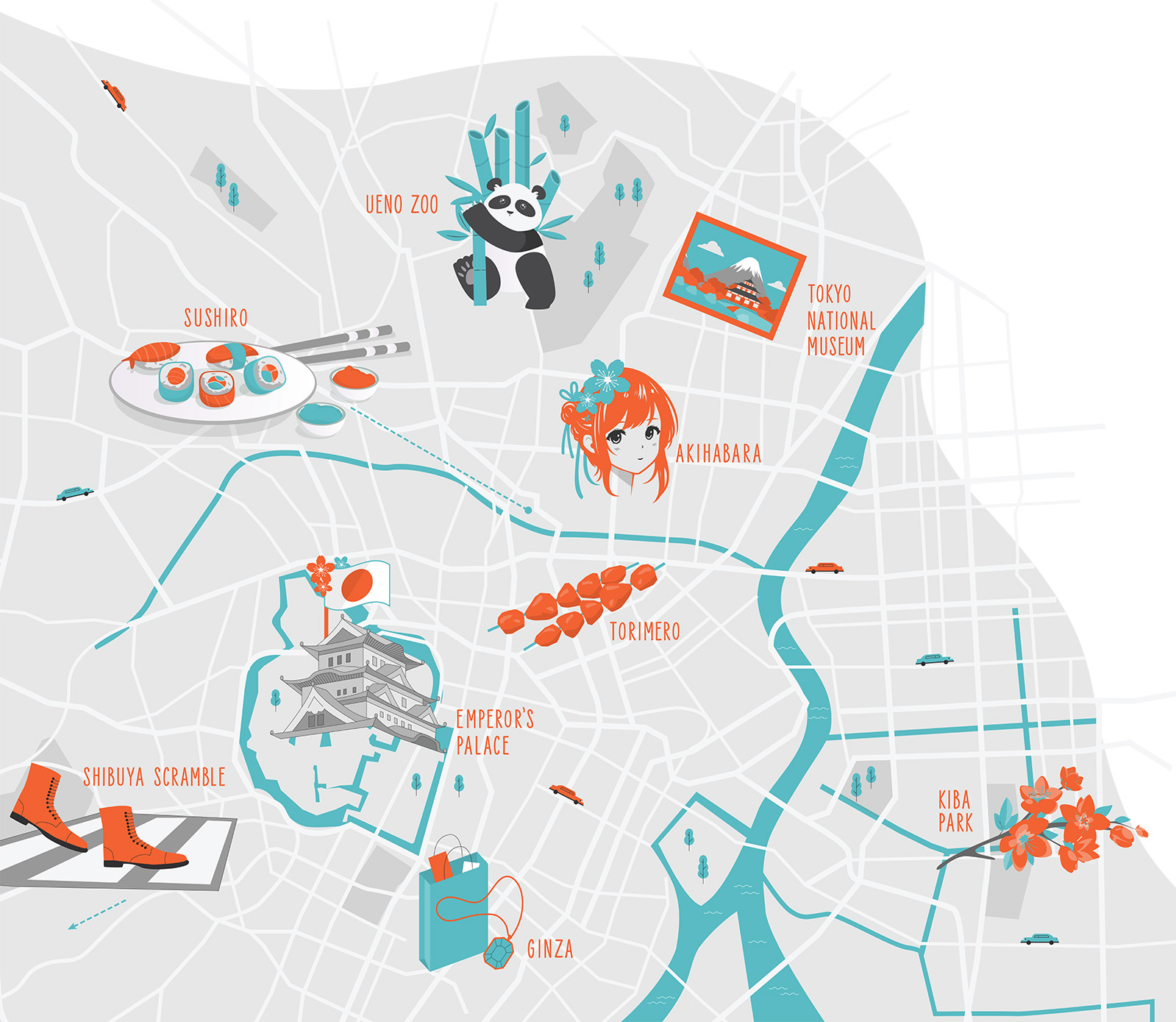 Stylized illustrated map of Tokyo