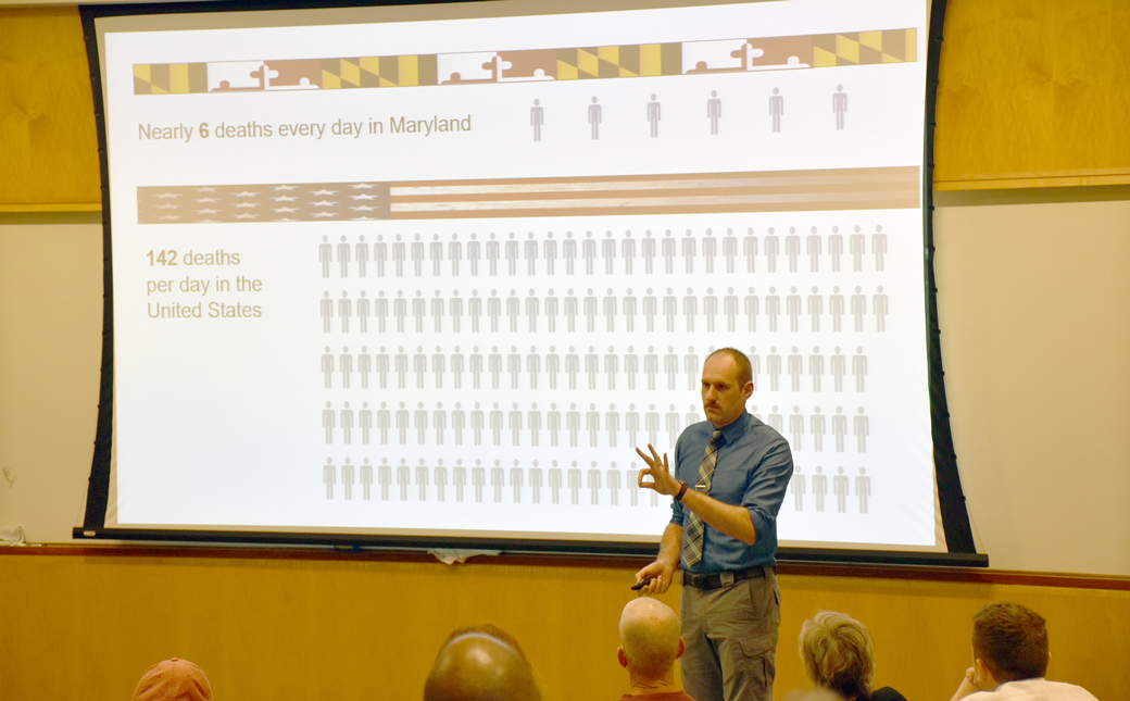 Birch Barron, deputy director of the Maryland Opioid Operational Command Center, shares statistics about Opioid Addiction during Thursday's Edward V. Badolato Distinguished Speaker Series at Towson University.