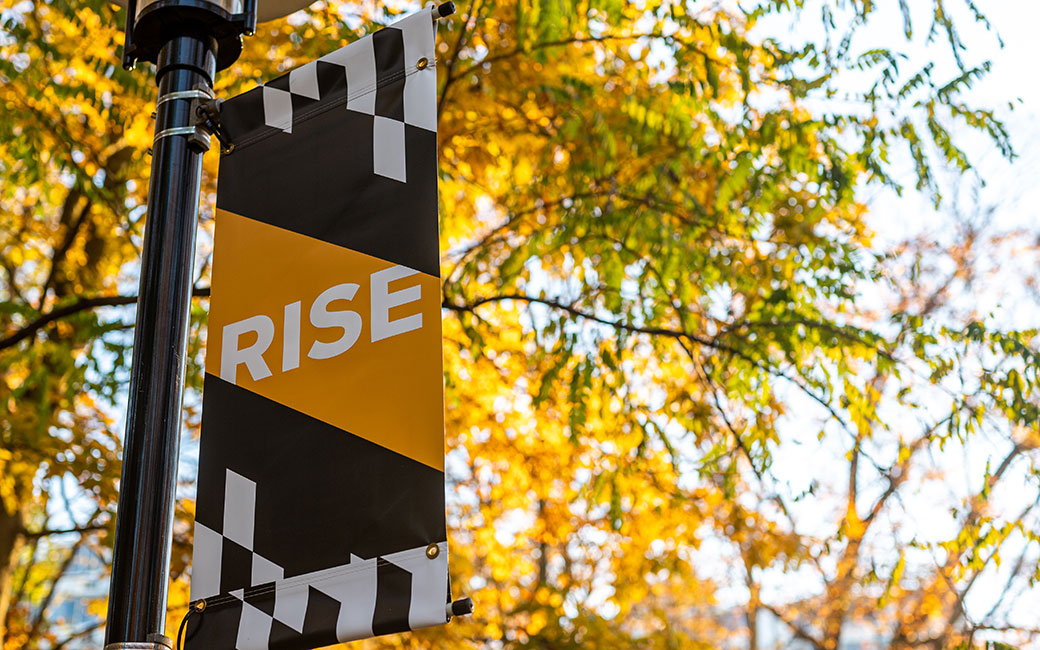 Rise Campaign flag on Towson University's campus Rise Campaign flag on Towson University's campus