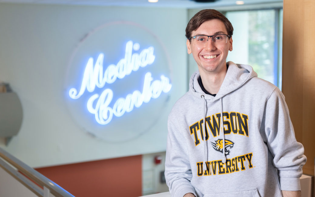 Sean Hanner '22 inside the Media Center on campus