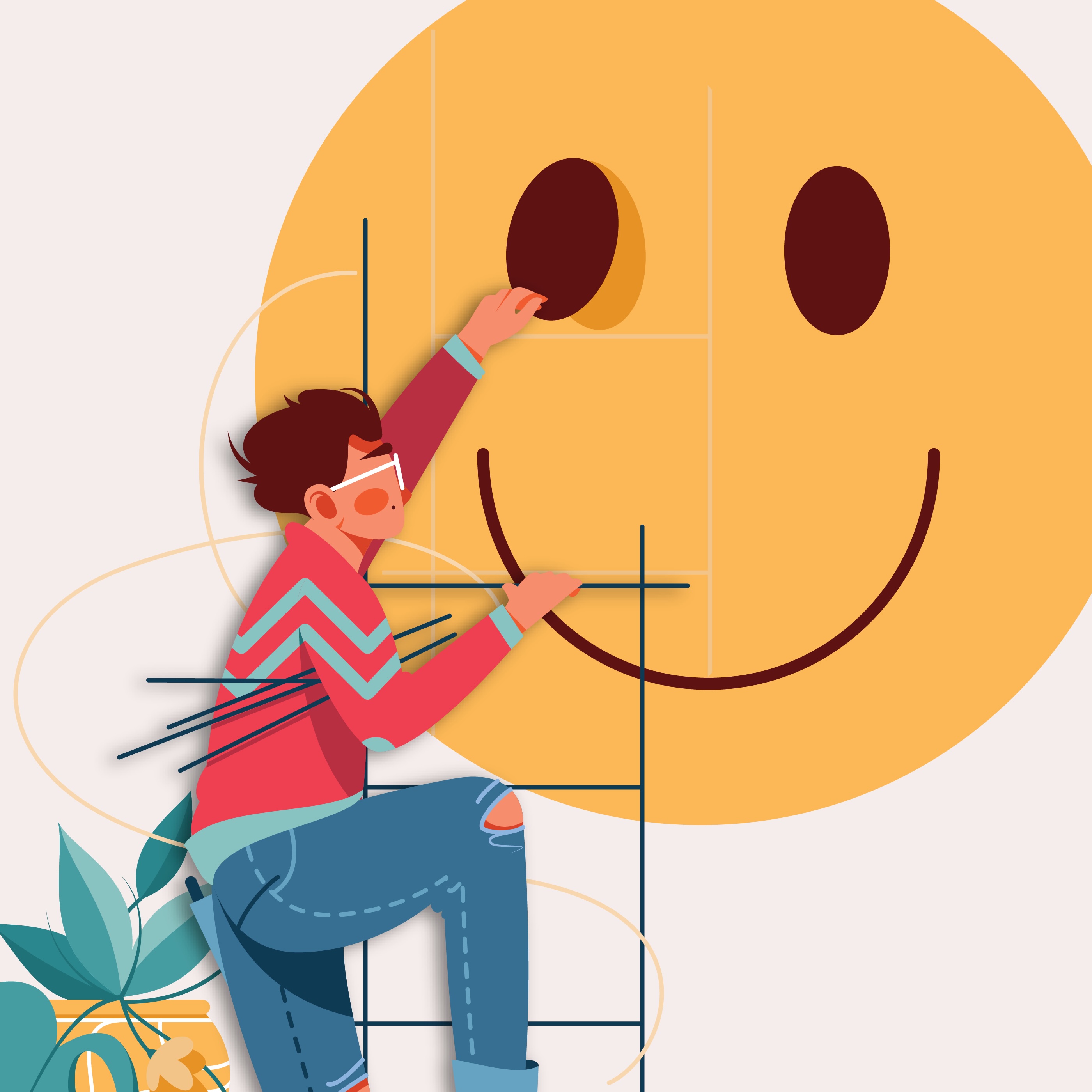Illustration of a man holding up a smiling face emoticon on a wall