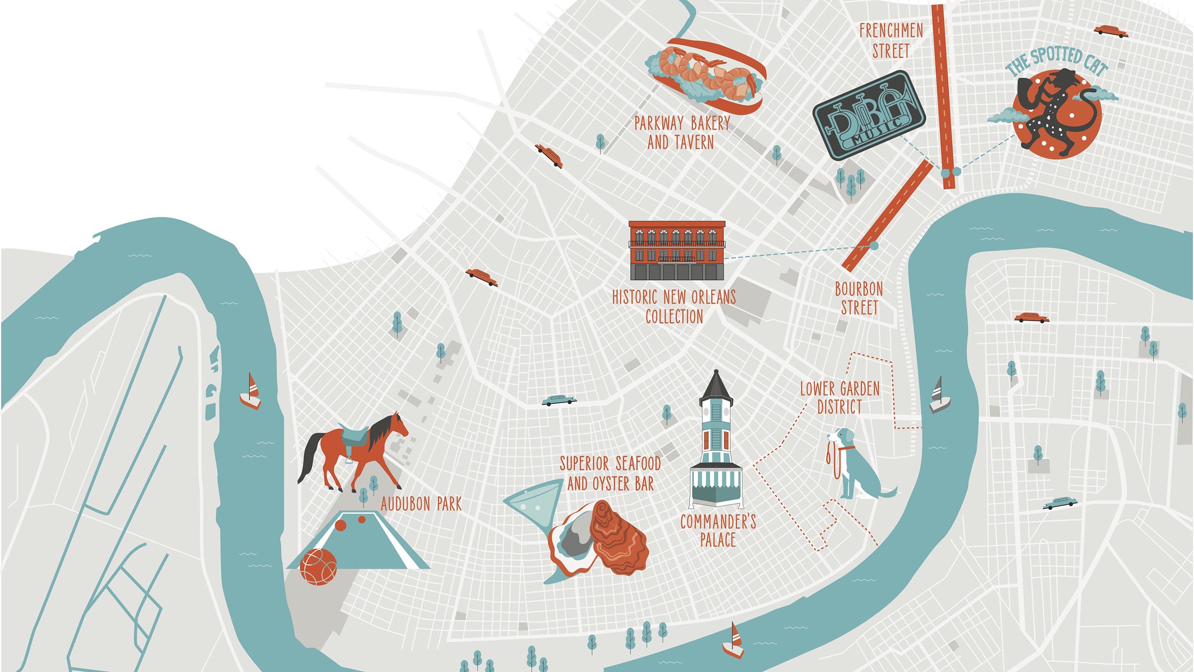 Stylized illustrated map of New Orleans
