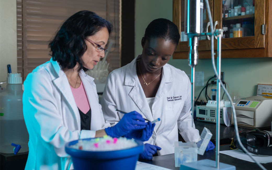 Peko Tsuji and Zeguela Kamagate together in a research lab. The two are looking over results.