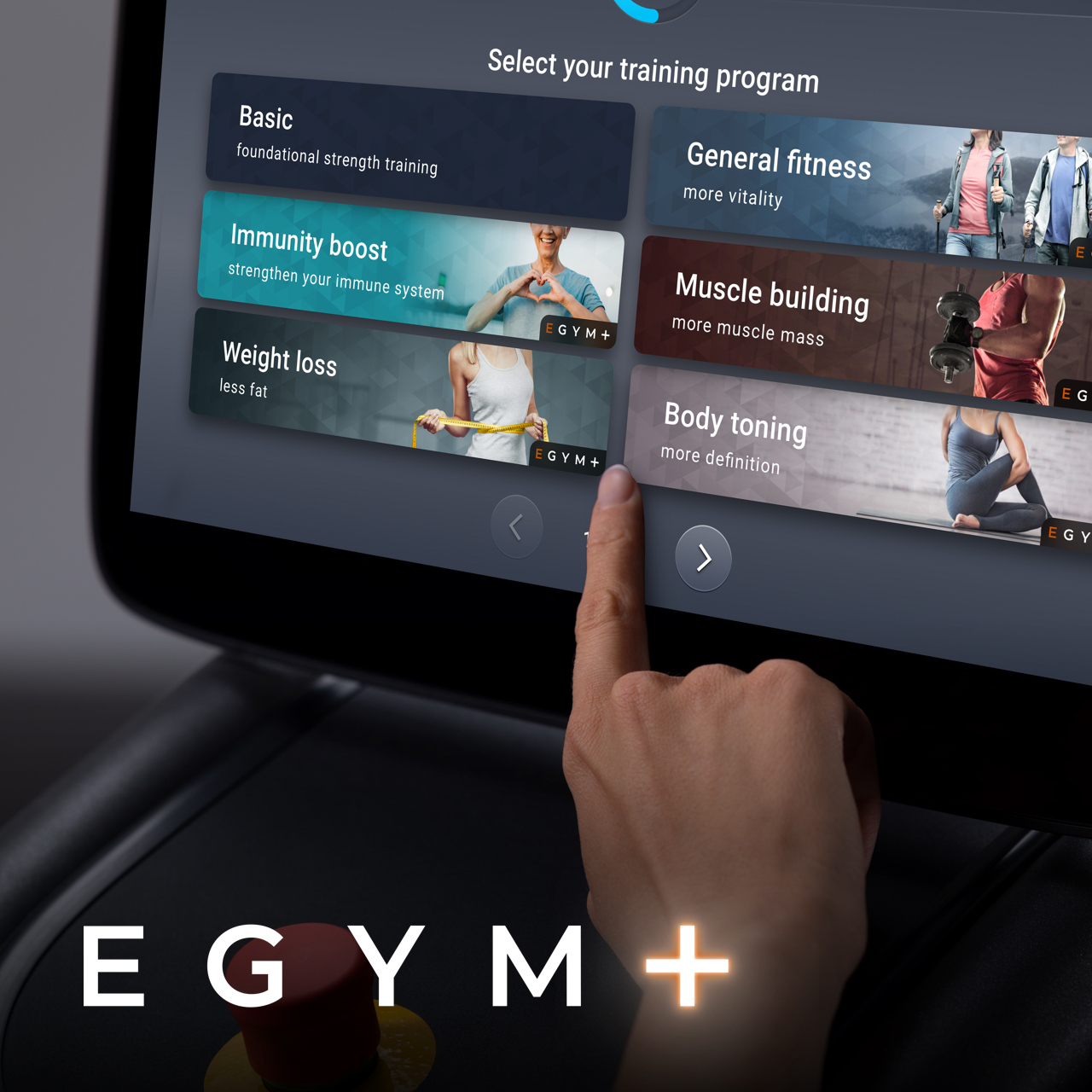 Visual of someone using EGYM builder with the text EGYM plus at the bottom of the image