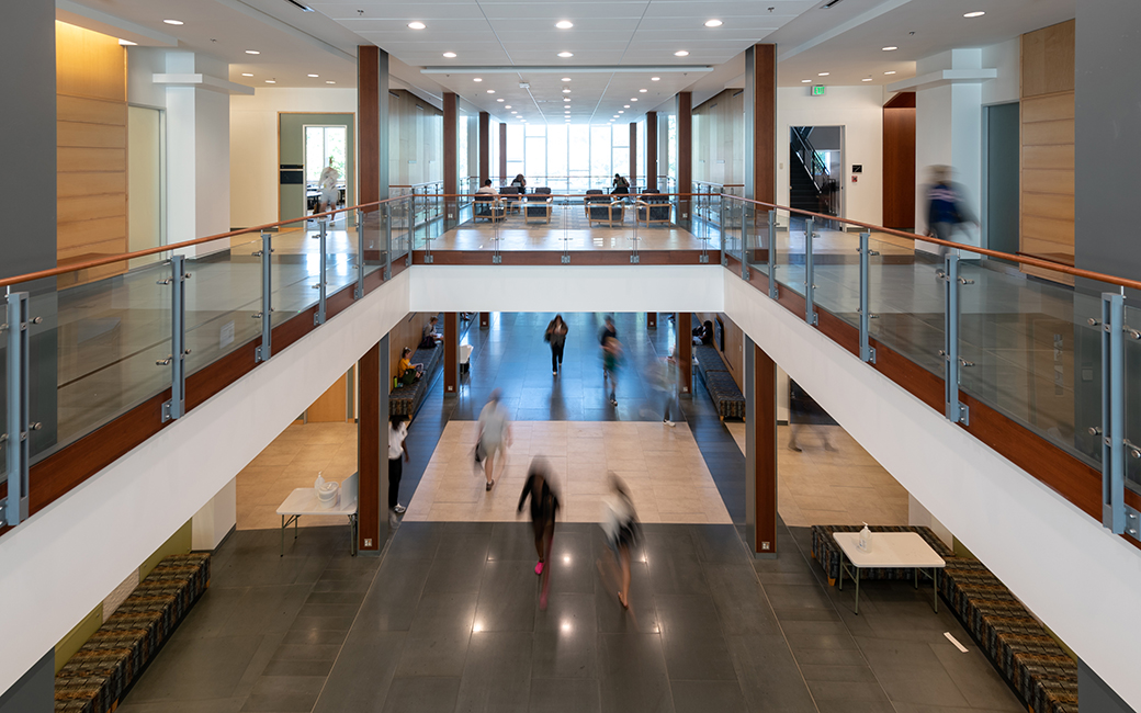 TU building hallway with students walking