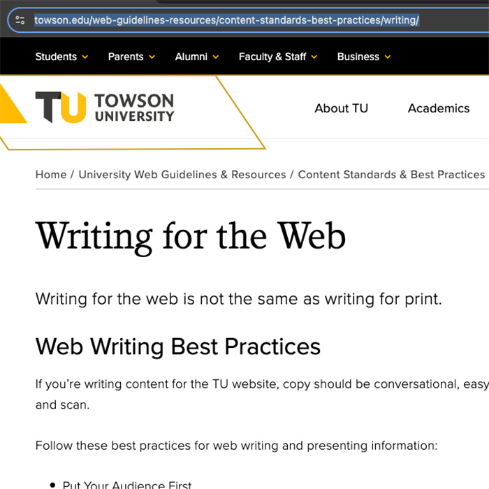 Screenshot of a TU webpage