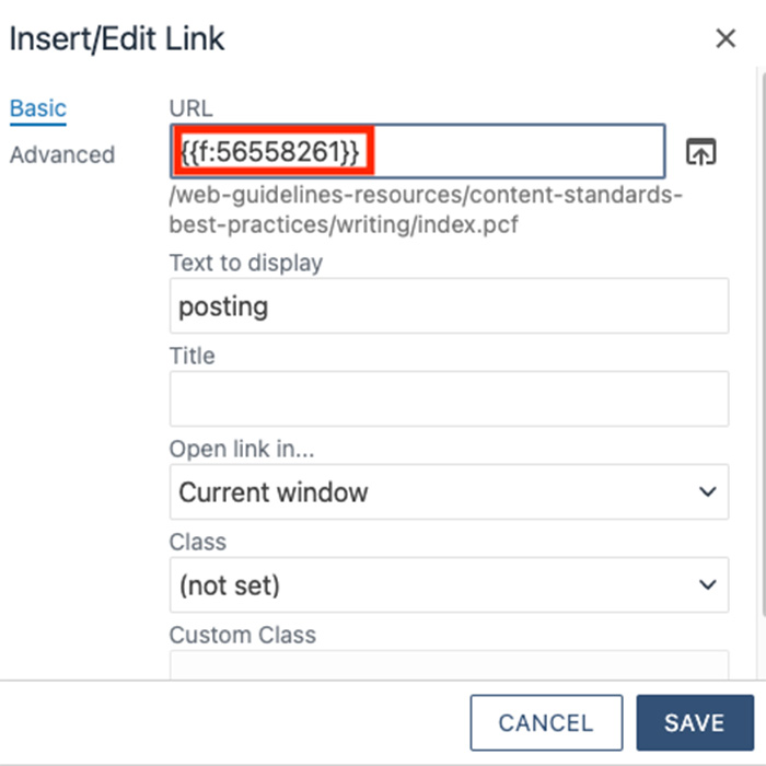 Screenshot of the insert/edit link box in Modern Campus CMS