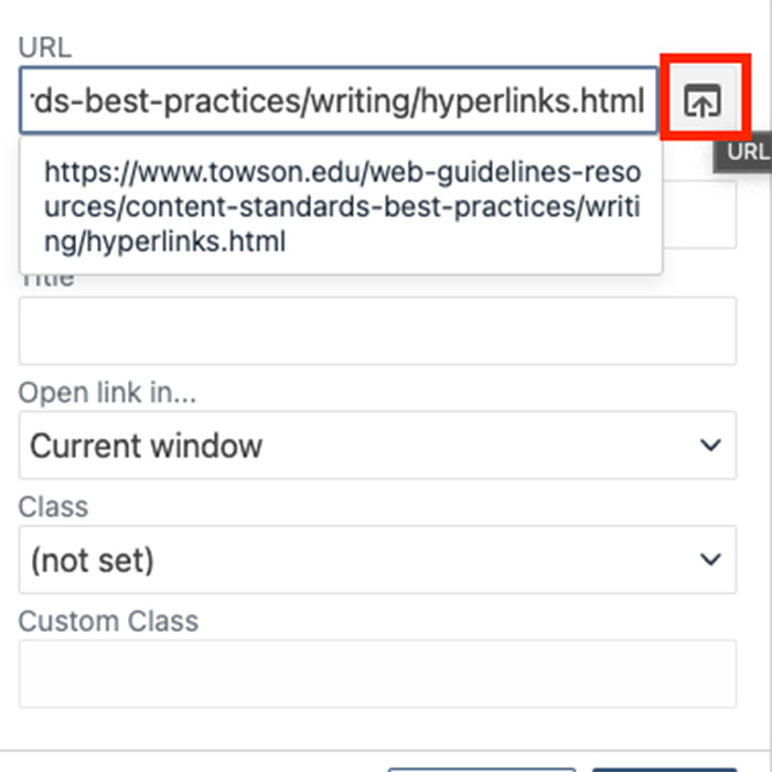 Screenshot of the insert/edit link box in Modern Campus CMS