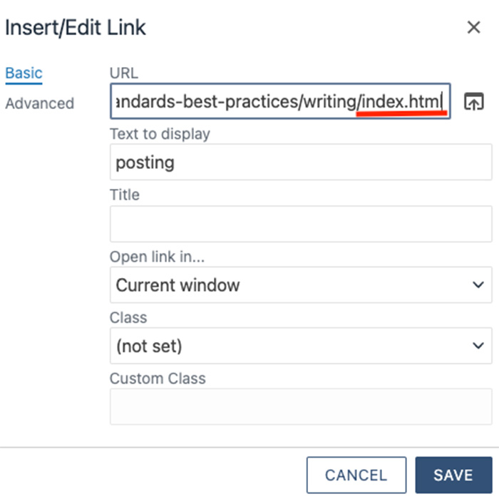 Screenshot of the insert/edit link box in Modern Campus CMS