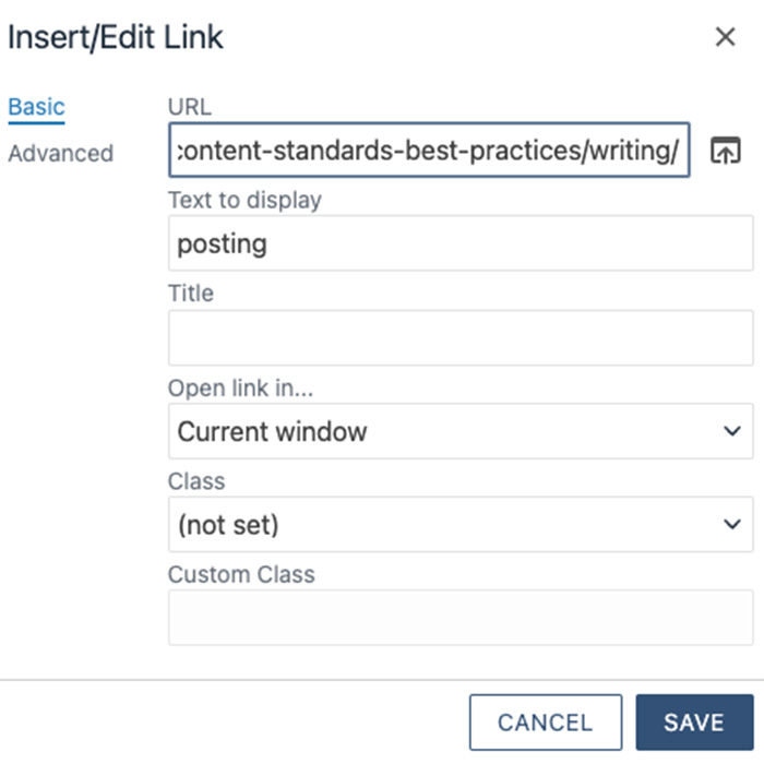 Screenshot of the insert/edit link box in Modern Campus CMS